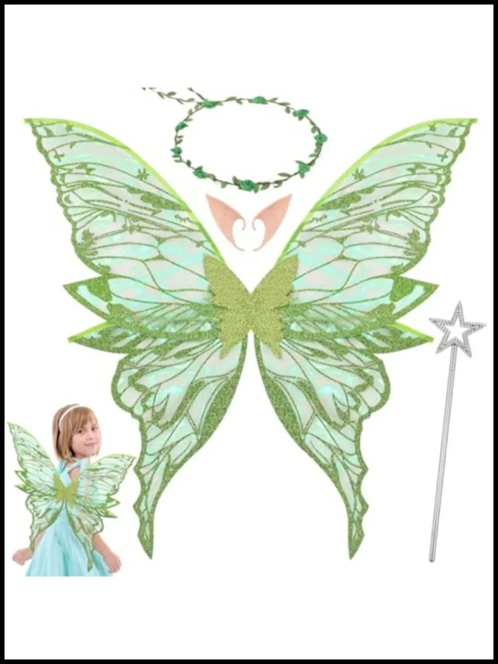 Fairy Wings Costume Accessory Set with Wand, Wreath, Ears for Girls Halloween